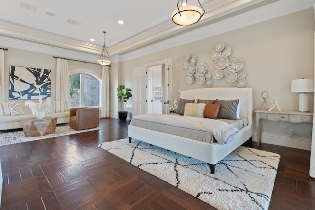 bedroom featuring crown molding, dark parquet flooring, and a raised ceiling