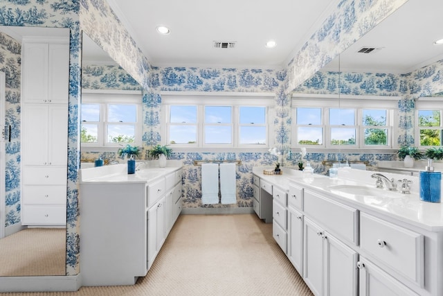3605 Douglas Dr, Horseshoe Bay, TX 78657 - bathroom featuring wallpapered walls, vanity, and recessed lighting