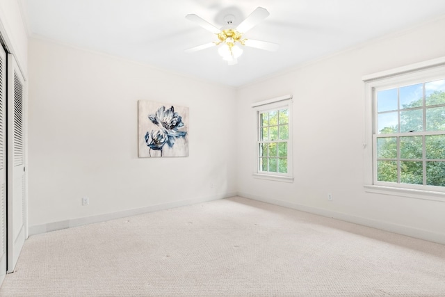 carpeted spare room featuring ornamental molding and ceiling fan