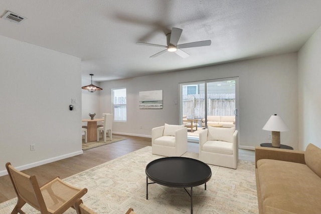 living room with ceiling fan and light hardwood / wood-style flooring