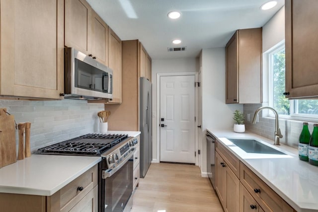 kitchen with backsplash, sink, stainless steel appliances, and light wood-type flooring