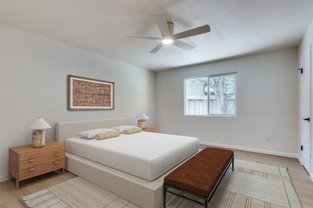 bedroom featuring light wood-type flooring and ceiling fan