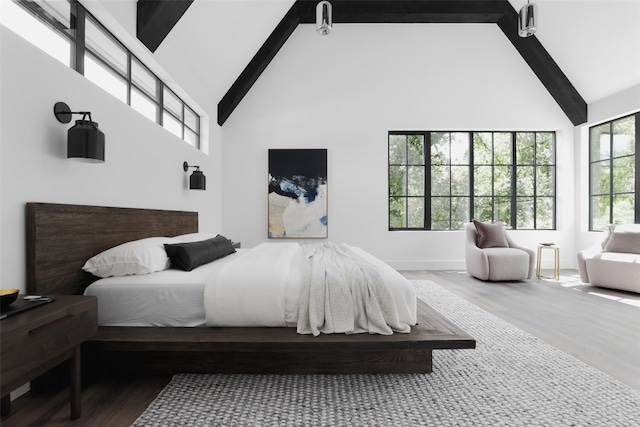 bedroom featuring beamed ceiling, hardwood / wood-style flooring, and high vaulted ceiling