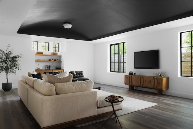 living room with dark hardwood / wood-style floors