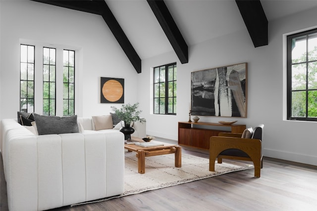 living room featuring vaulted ceiling with beams and light wood-type flooring