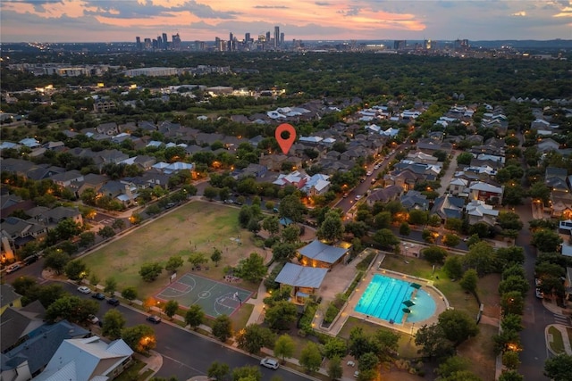 view of aerial view at dusk