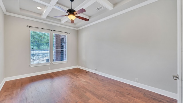 empty room with coffered ceiling, ceiling fan, crown molding, beam ceiling, and hardwood / wood-style floors