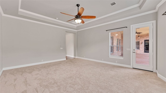 empty room with light colored carpet and a tray ceiling