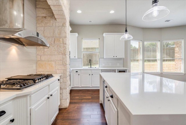 175 Blazing Star Dr, Austin, TX 78737 - kitchen with exhaust hood, stainless steel appliances, dark wood finished floors, plenty of natural light, and recessed lighting