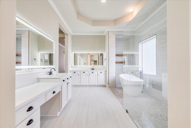 175 Blazing Star Dr, Austin, TX 78737 - full bath with vanity, a soaking tub, a raised ceiling, and crown molding