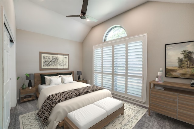 carpeted bedroom featuring ceiling fan, lofted ceiling, and a closet