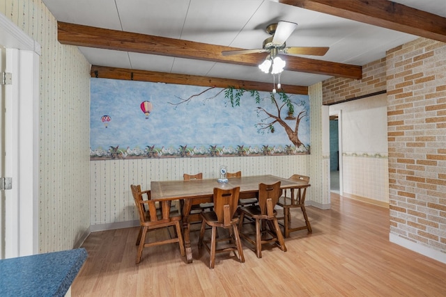 dining room with ceiling fan, beamed ceiling, and light hardwood / wood-style flooring