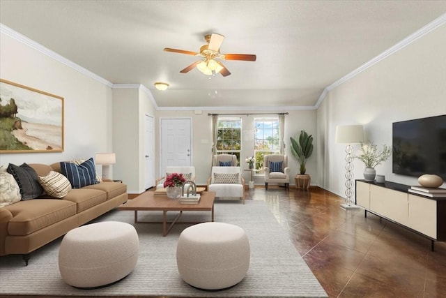 tiled living room with ceiling fan, french doors, and ornamental molding