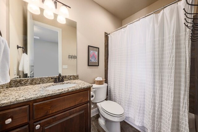 bathroom featuring walk in shower, vanity, toilet, and hardwood / wood-style flooring