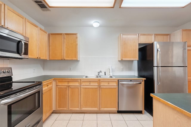 kitchen with sink, stainless steel appliances, backsplash, light brown cabinetry, and light tile patterned floors