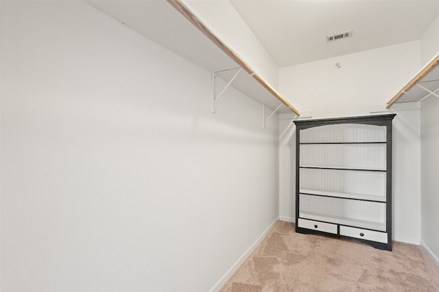 spacious closet featuring light colored carpet