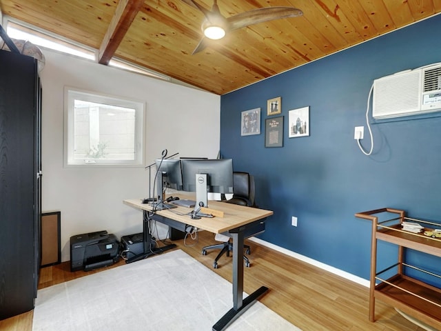 office featuring light wood-type flooring, vaulted ceiling with beams, a wall mounted air conditioner, ceiling fan, and wooden ceiling