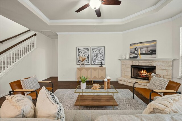 living room with a raised ceiling, ornamental molding, hardwood / wood-style flooring, and a fireplace