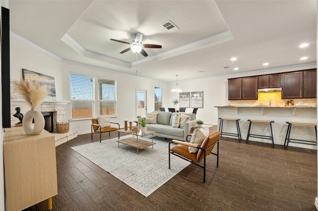 living room with a raised ceiling, ceiling fan, dark hardwood / wood-style floors, and a fireplace