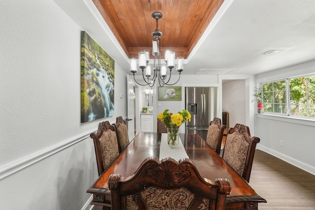 dining room with a chandelier, wood-type flooring, and wooden ceiling