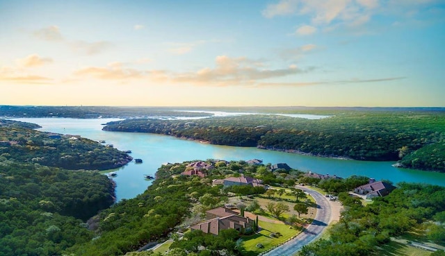 bird's eye view featuring a wooded view and a water view