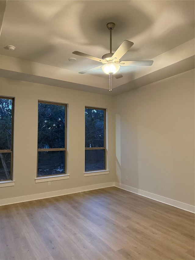 spare room with hardwood / wood-style flooring, a raised ceiling, and ceiling fan