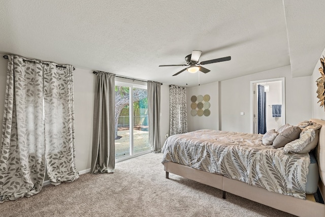 bedroom with a textured ceiling, carpet floors, access to outside, and ceiling fan