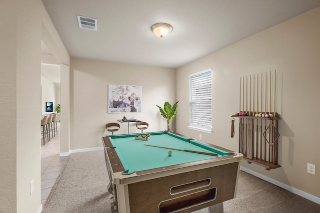 rec room featuring light carpet and pool table