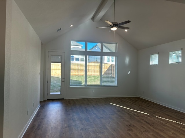 interior space with lofted ceiling with beams, ceiling fan, and dark wood-type flooring