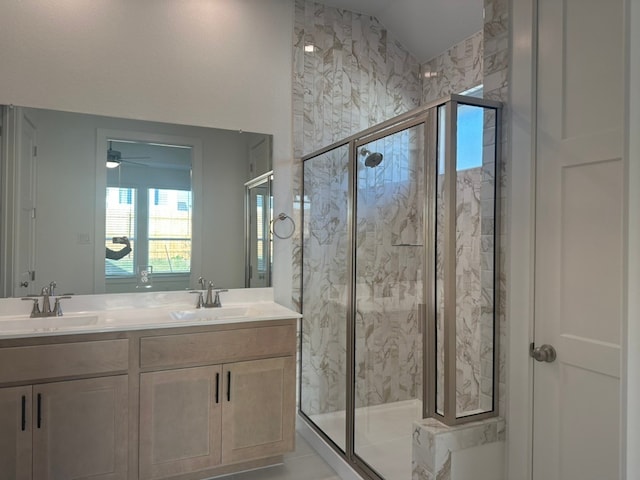 bathroom featuring vanity, tile patterned floors, an enclosed shower, and ceiling fan