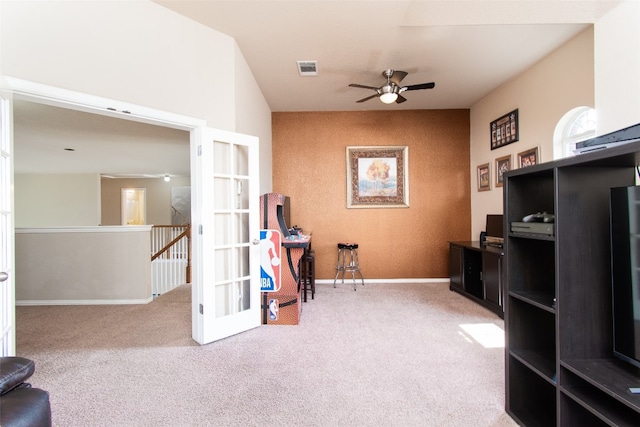 office space featuring carpet flooring and ceiling fan