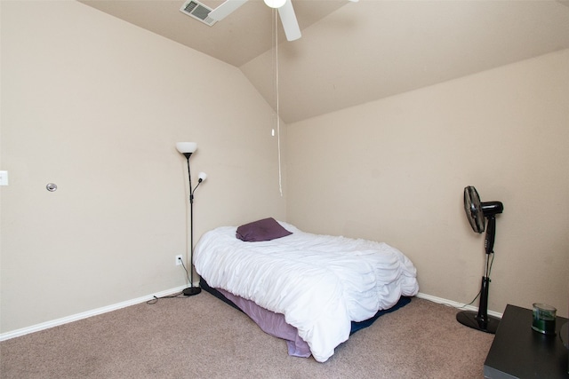 bedroom featuring lofted ceiling, ceiling fan, and carpet flooring