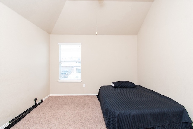 bedroom featuring carpet and vaulted ceiling