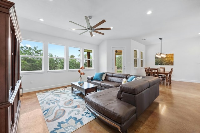 1323 Hi Cir N, Horseshoe Bay, TX 78657 - living area with a ceiling fan, healthy amount of natural light, recessed lighting, baseboards, and finished concrete floors