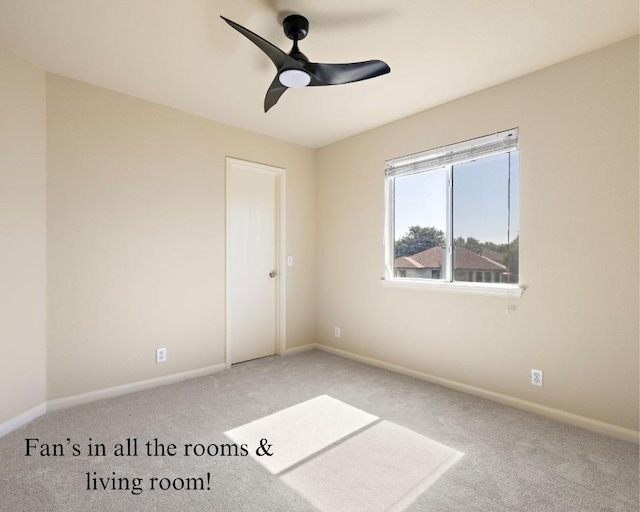 unfurnished bedroom with ceiling fan, carpet, and baseboards