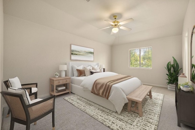 bedroom featuring light carpet, a ceiling fan, baseboards, and vaulted ceiling