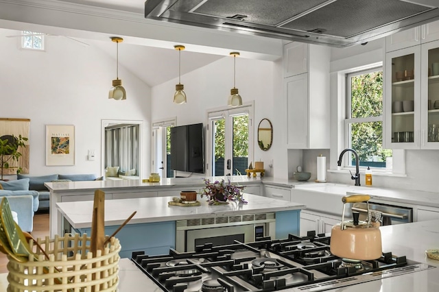 kitchen with white cabinets, a sink, a wealth of natural light, glass insert cabinets, and open floor plan