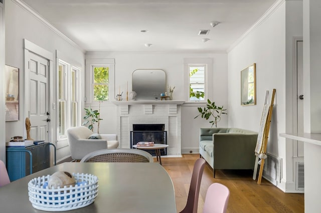 interior space with crown molding, a healthy amount of sunlight, wood finished floors, and a fireplace