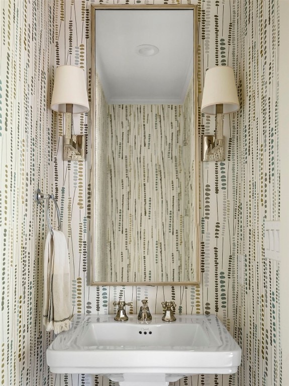 details featuring backsplash, ornamental molding, and a sink