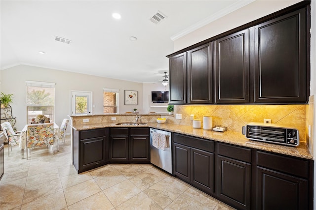 kitchen featuring kitchen peninsula, dark brown cabinetry, ceiling fan, sink, and dishwasher