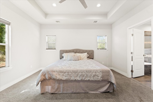 bedroom with ceiling fan, a raised ceiling, and carpet floors