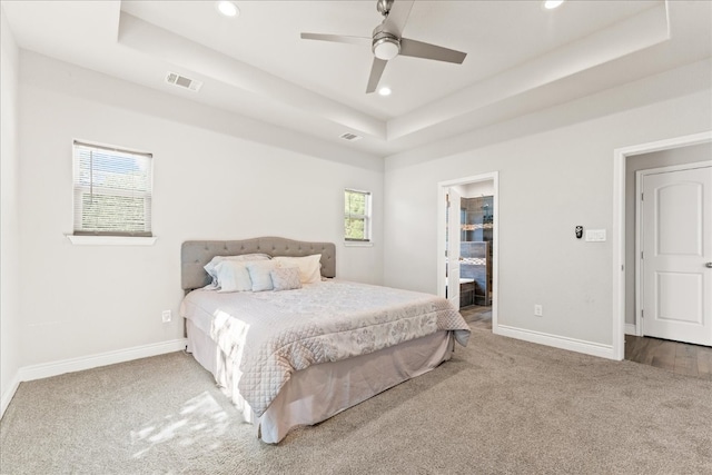 carpeted bedroom with a raised ceiling, a spacious closet, and ceiling fan