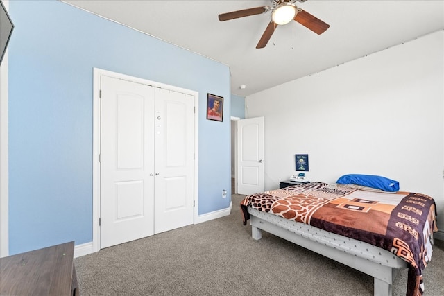 bedroom with ceiling fan, a closet, and carpet