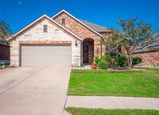 view of front of home with a front lawn and a garage