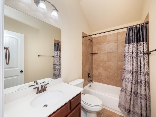 full bathroom featuring vanity, toilet, shower / tub combo, tile patterned floors, and vaulted ceiling