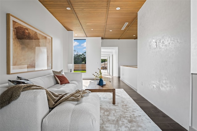 living room featuring wood ceiling and dark hardwood / wood-style floors