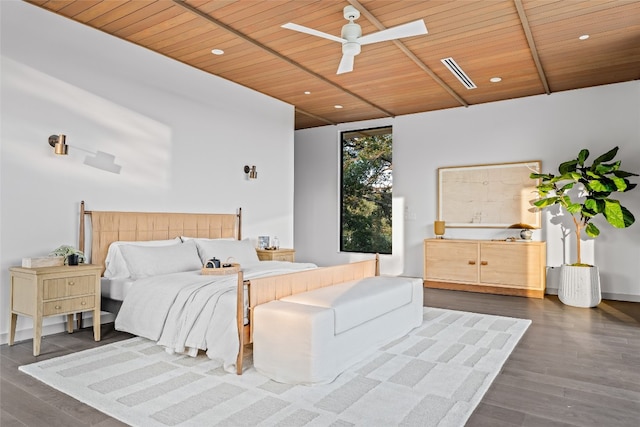 bedroom featuring ceiling fan, wood ceiling, and dark wood-type flooring