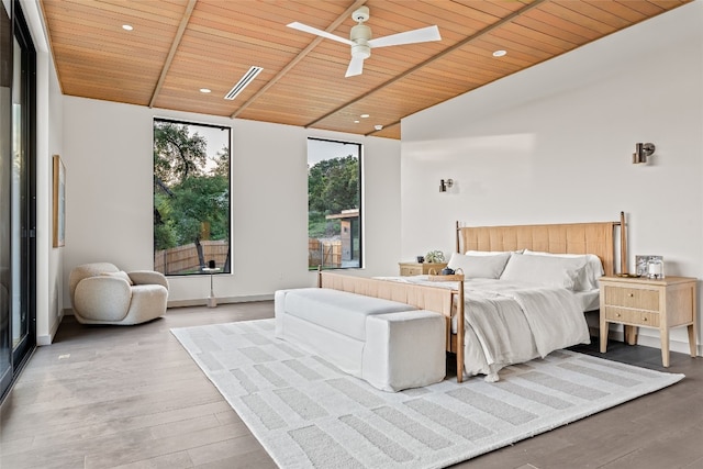 bedroom with wood ceiling, light wood-type flooring, and ceiling fan