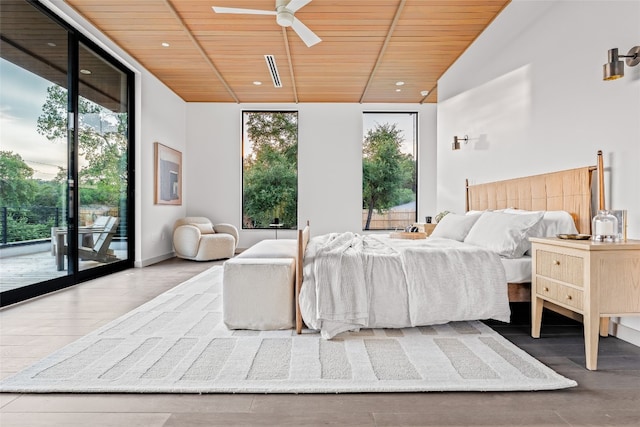 bedroom featuring wood-type flooring, wood ceiling, ceiling fan, and access to exterior