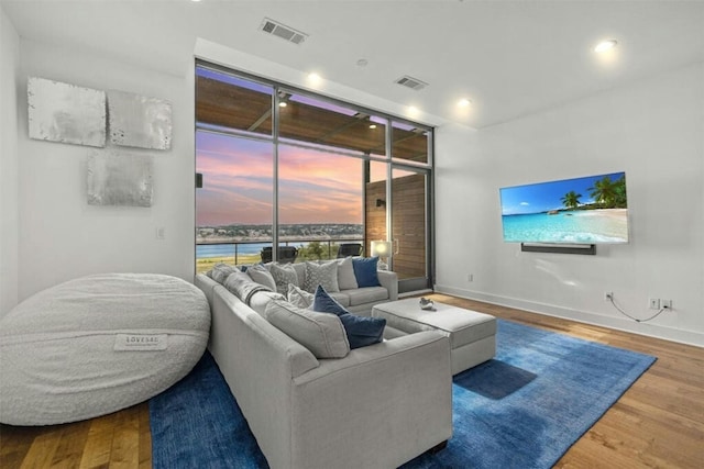 living room featuring expansive windows and hardwood / wood-style floors